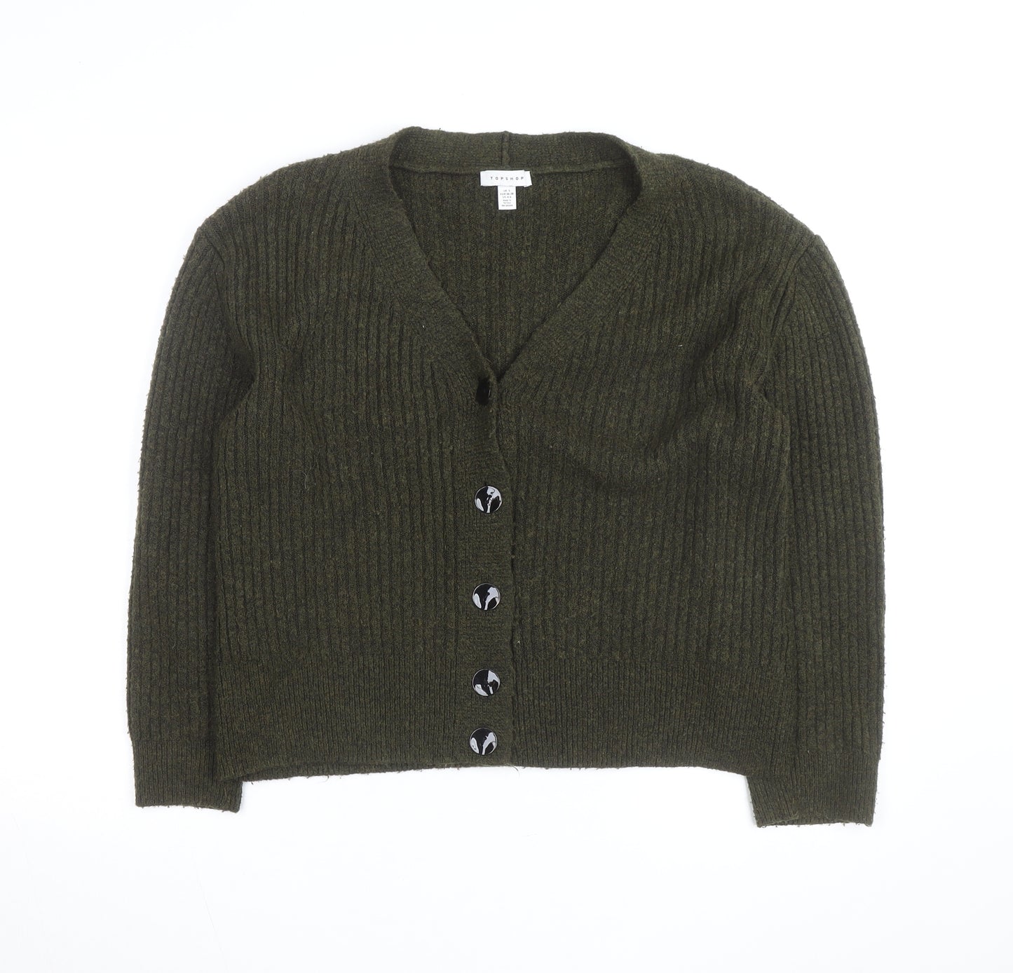 Topshop Women's Green V-Neck Ribbed Button Cardigan Size S