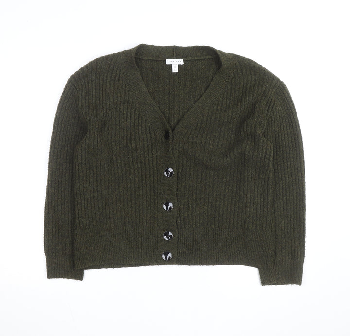 Topshop Women's Green V-Neck Ribbed Button Cardigan Size S