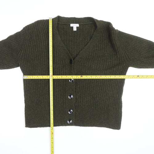 Topshop Women's Green V-Neck Ribbed Button Cardigan Size S