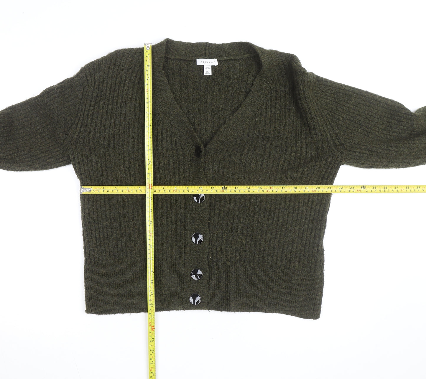 Topshop Women's Green V-Neck Ribbed Button Cardigan Size S