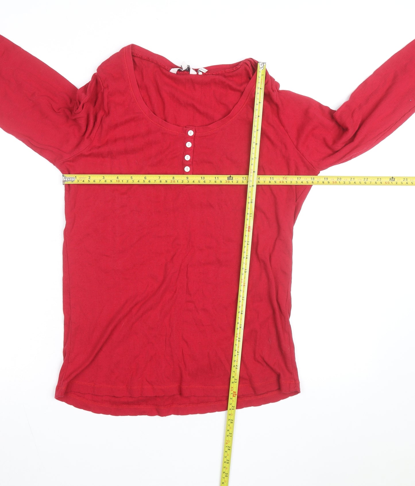 FatFace Women's Red Cotton Long Sleeve Button Scoop Neck Top Size 16