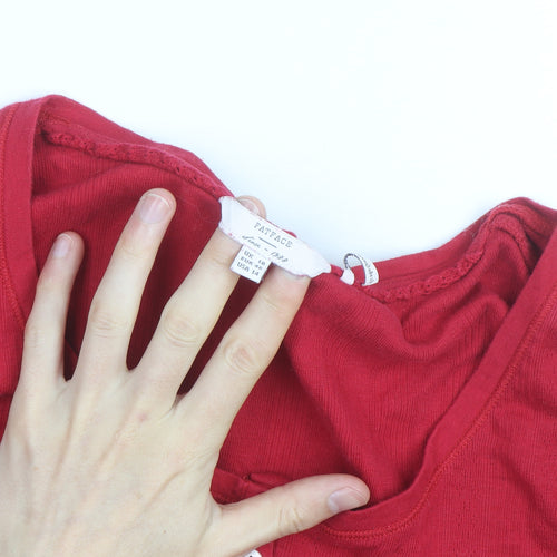 FatFace Women's Red Cotton Long Sleeve Button Scoop Neck Top Size 16