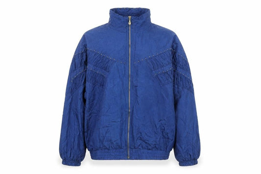Front view of EVR Men's Blue Silk Studded Bomber Jacket L Vintage 80s Style