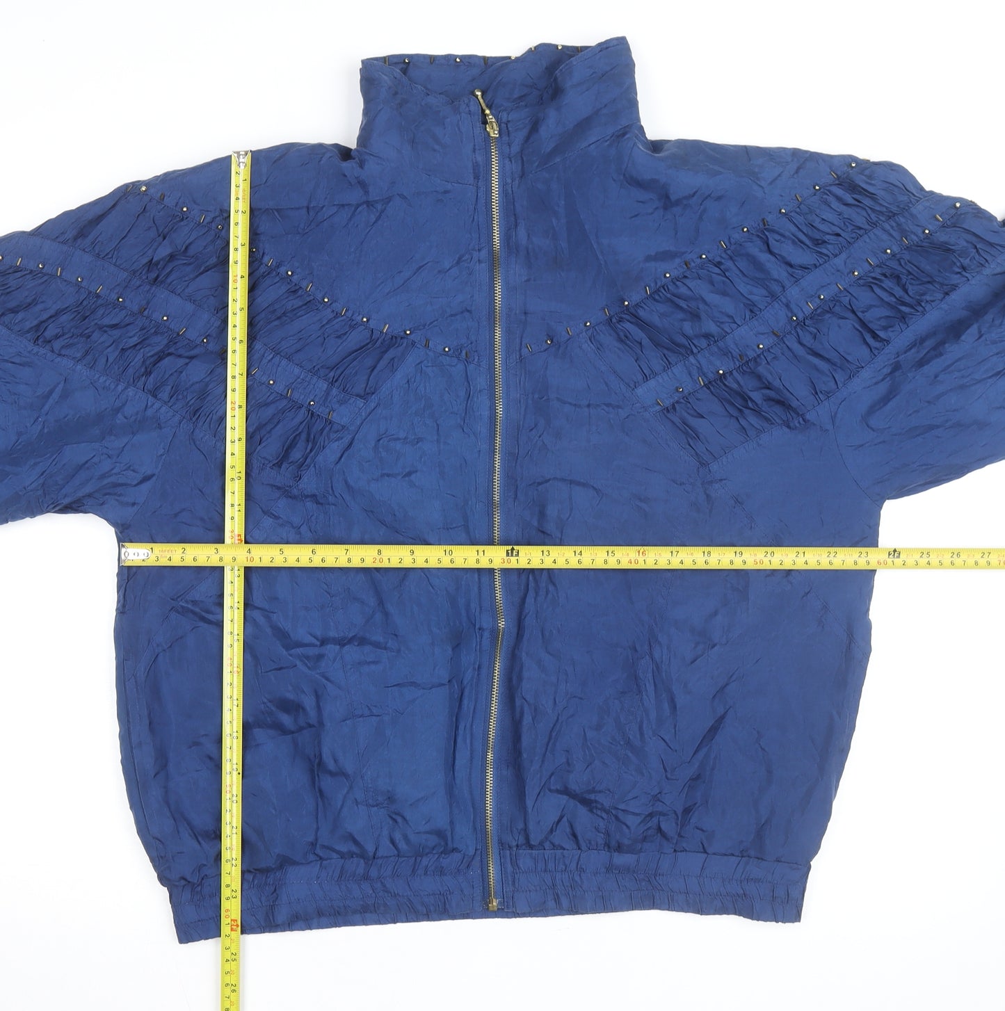EVR Men's Blue Silk Studded Bomber Jacket L Vintage 80s Style