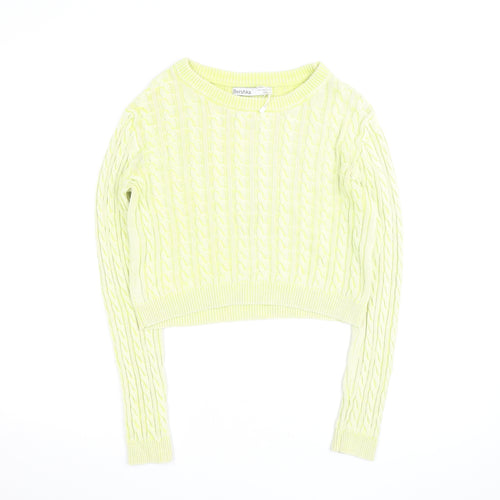 Bershka Women Yellow Cable Knit Crew Neck Jumper Size 12