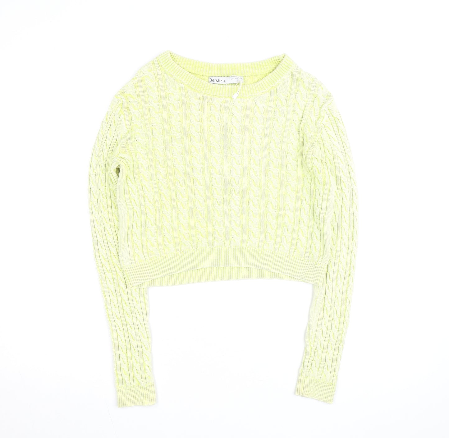 Bershka Women Yellow Cable Knit Crew Neck Jumper Size 12