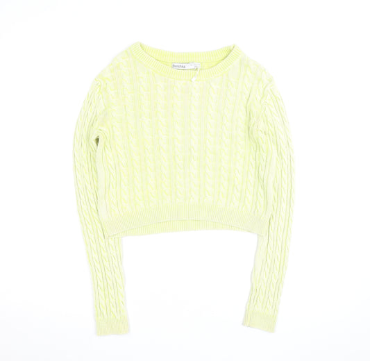 Bershka Women Yellow Cable Knit Crew Neck Jumper Size 12