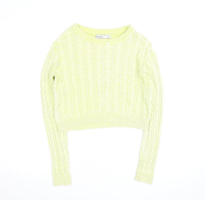 Bershka Women Yellow Cable Knit Crew Neck Jumper Size 12