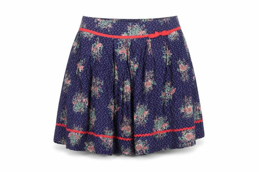 Front view of Monsoon Teens Blue Floral A-Line Short Cotton Skirt 12 Years
