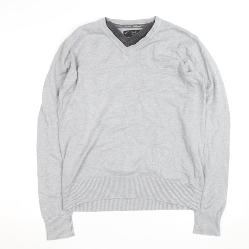 Sublevel Men's Grey V-Neck Cotton Knit Pullover Jumper Size L