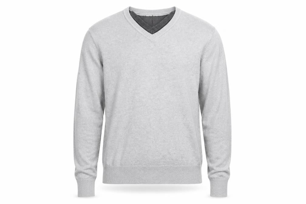 Front view of Sublevel Men's Grey V-Neck Cotton Knit jumper, size L