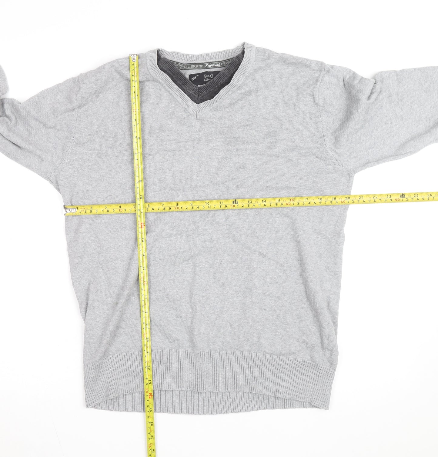 Sublevel Men's Grey V-Neck Cotton Knit Pullover Jumper Size L
