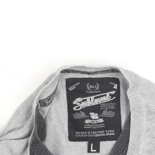 Sublevel Men's Grey V-Neck Cotton Knit Pullover Jumper Size L