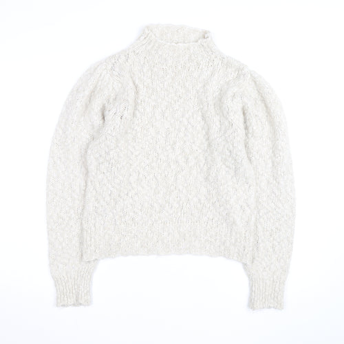 MNG Women Ivory Wool Blend Mock Neck Puff Sleeve Jumper Size 12