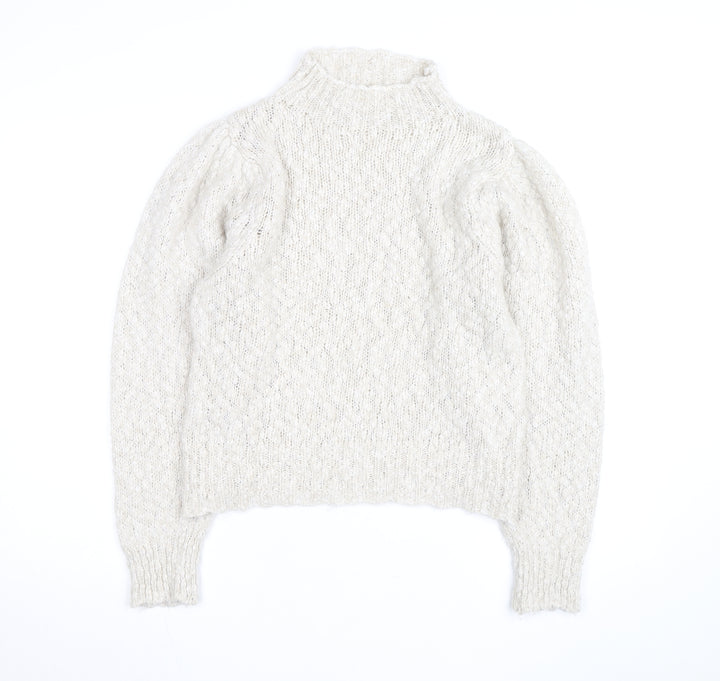 MNG Women Ivory Wool Blend Mock Neck Puff Sleeve Jumper Size 12