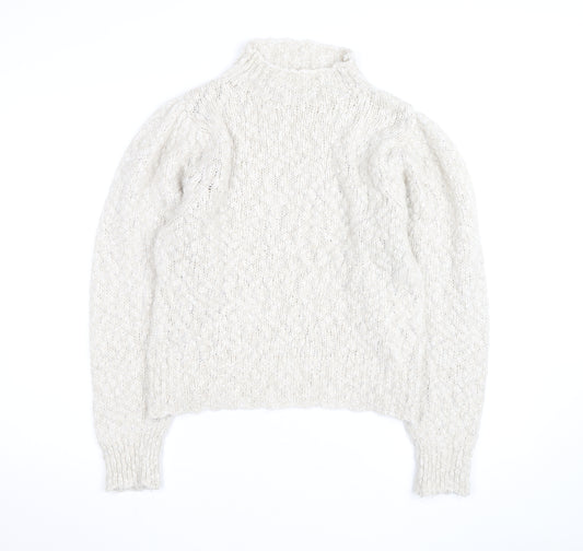 MNG Women Ivory Wool Blend Mock Neck Puff Sleeve Jumper Size 12
