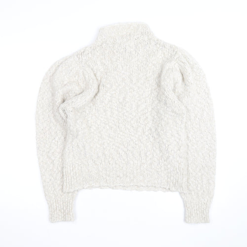 MNG Women Ivory Wool Blend Mock Neck Puff Sleeve Jumper Size 12