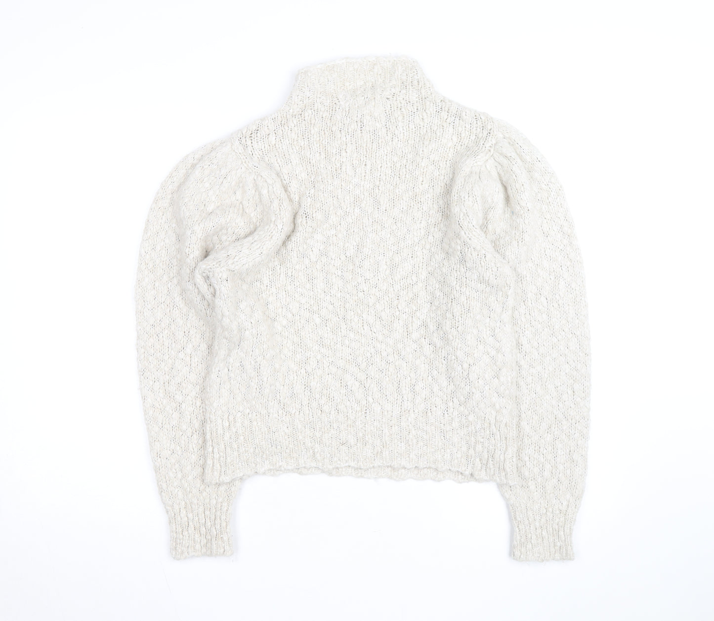 MNG Women Ivory Wool Blend Mock Neck Puff Sleeve Jumper Size 12