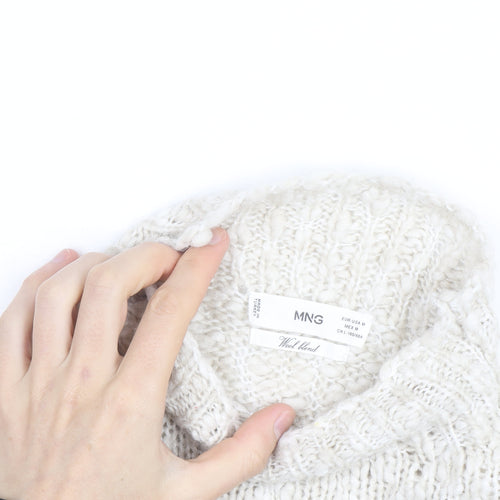 MNG Women Ivory Wool Blend Mock Neck Puff Sleeve Jumper Size 12