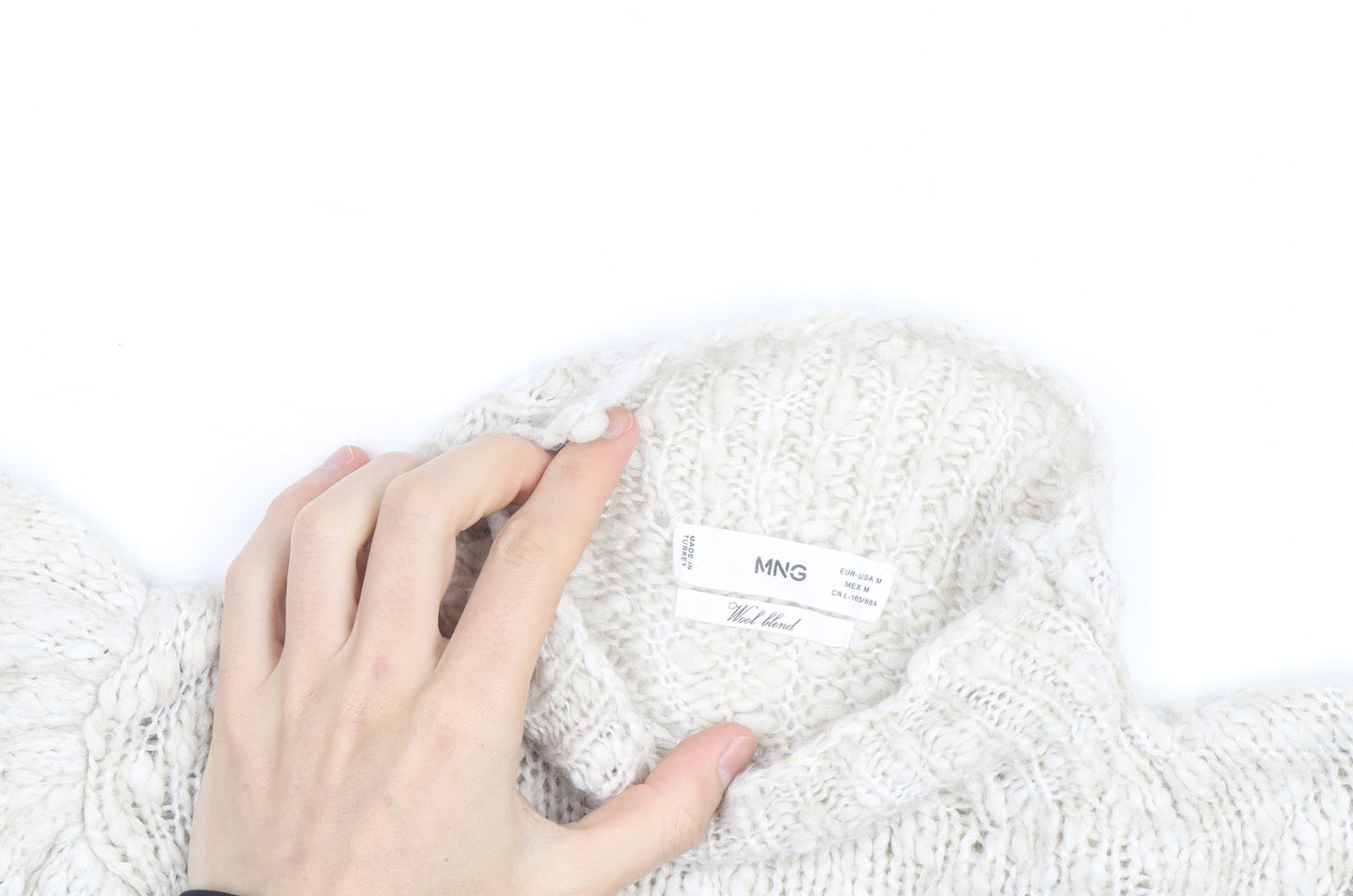MNG Women Ivory Wool Blend Mock Neck Puff Sleeve Jumper Size 12