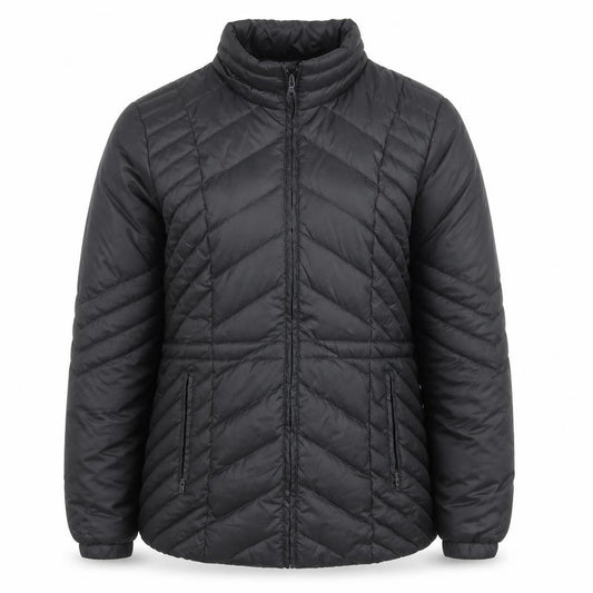 Front view of Cleo Women's Black Down Puffer Jacket M Quilted Insulated Mid-Length