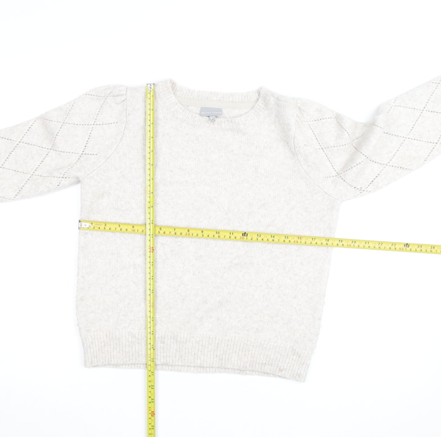 Oliver Bonas Women’s Beige Knit Argyle Puff Sleeve Jumper Size 10