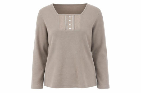 Front view of Bonmarché women’s beige henley jumper l long sleeve cotton blend