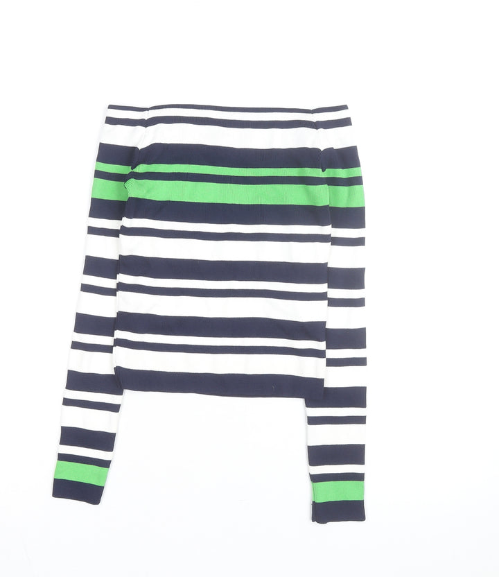 Topshop Women Blue Green Striped Boat Neck Jumper Size 10