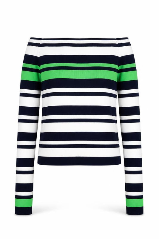Front view of Topshop Women Blue Green Striped Boat Neck Jumper, size 10