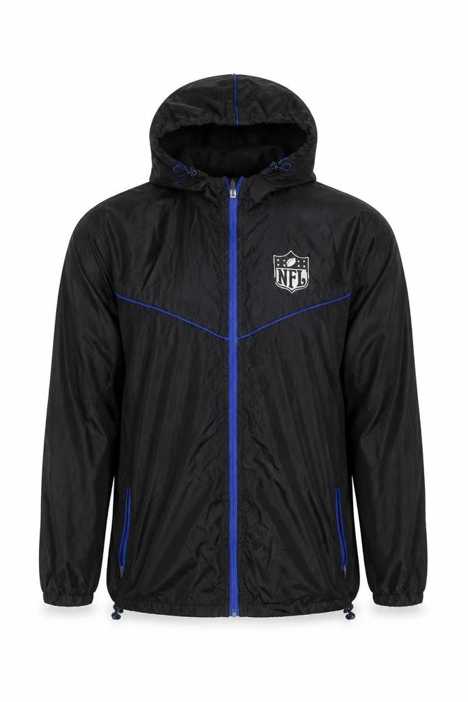 Front view of NFL Men’s Black Windbreaker Jacket Hooded Full Zip, size S