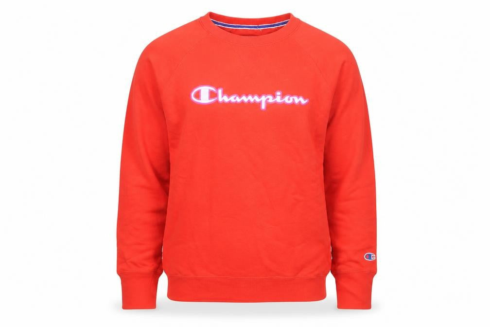 Front view of Champion Men's Red Crew Neck Logo Pullover Sweatshirt M