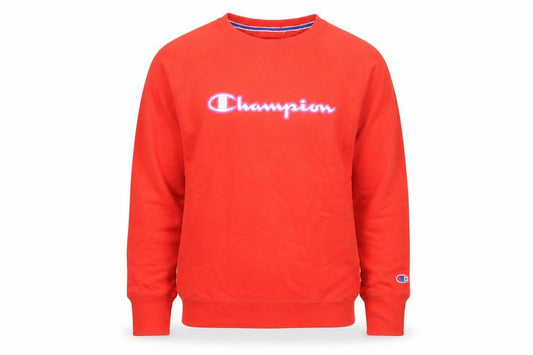 Front view of Champion Men's Red Crew Neck Logo Pullover Sweatshirt M