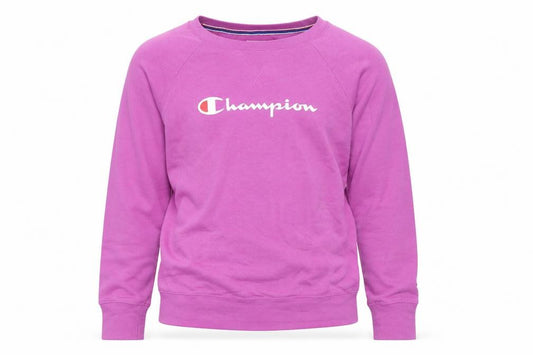 Front view of Champion men’s purple pullover sweatshirt m crew neck logo athletic
