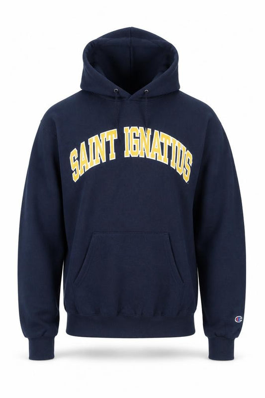 Front view of Champion Men's Blue Pullover Hoodie Small Saint Ignatius Graphic