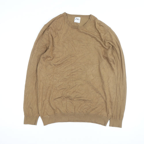 Zara Men Beige Cotton Blend Crew Neck Pullover Jumper M
