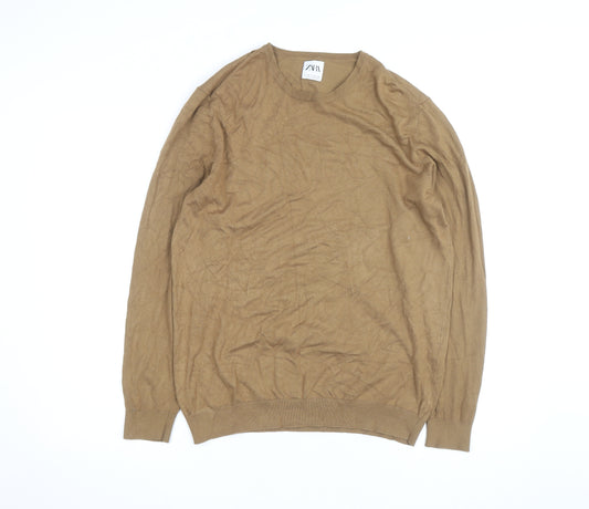 Zara Men Beige Cotton Blend Crew Neck Pullover Jumper M