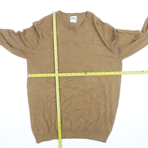 Zara Men Beige Cotton Blend Crew Neck Pullover Jumper M