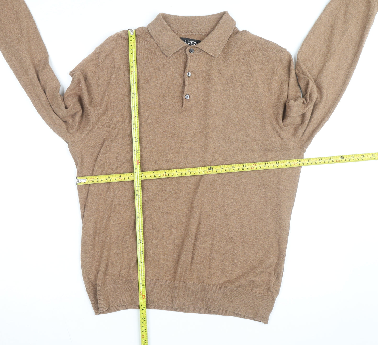 Burton Menswear Men’s Brown Cotton Cashmere Long Sleeve Polo Shirt L