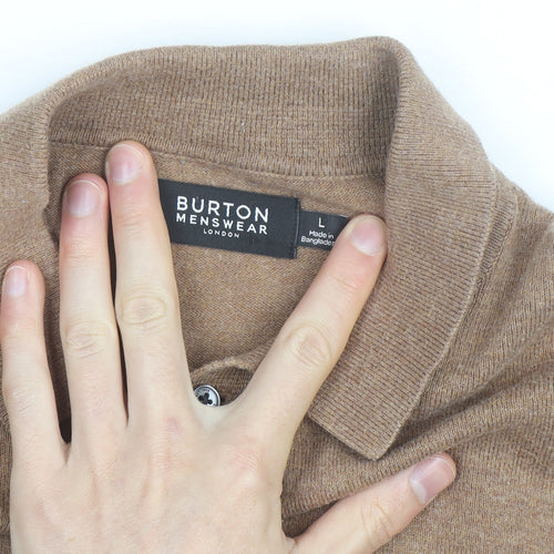 Burton Menswear Men’s Brown Cotton Cashmere Long Sleeve Polo Shirt L
