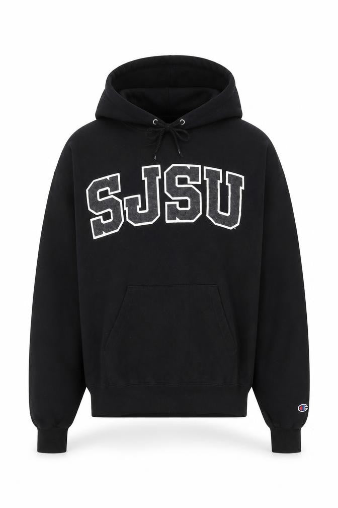 Front view of Champion Men's Black Pullover Hoodie SJSU Logo Medium Fleece Sweatshirt