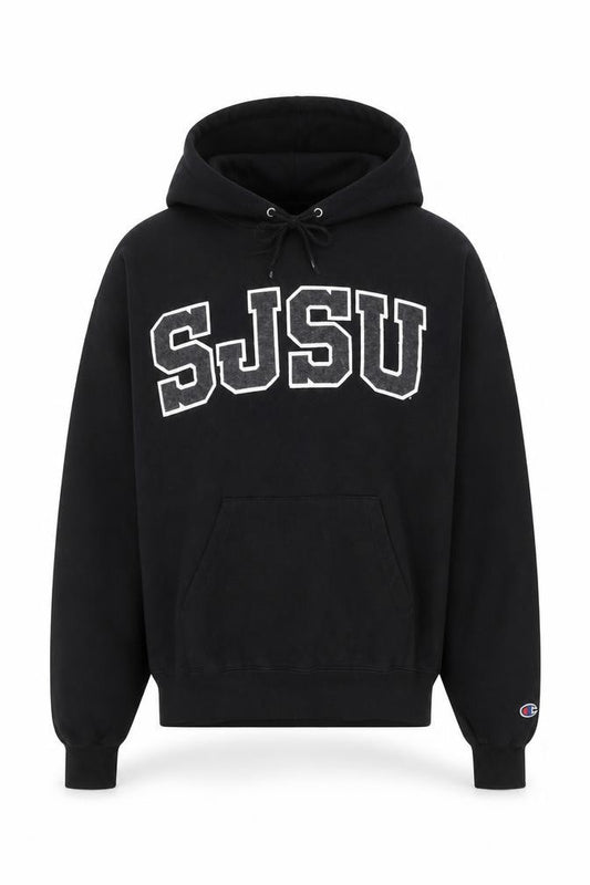 Front view of Champion Men's Black Pullover Hoodie SJSU Logo Medium Fleece Sweatshirt