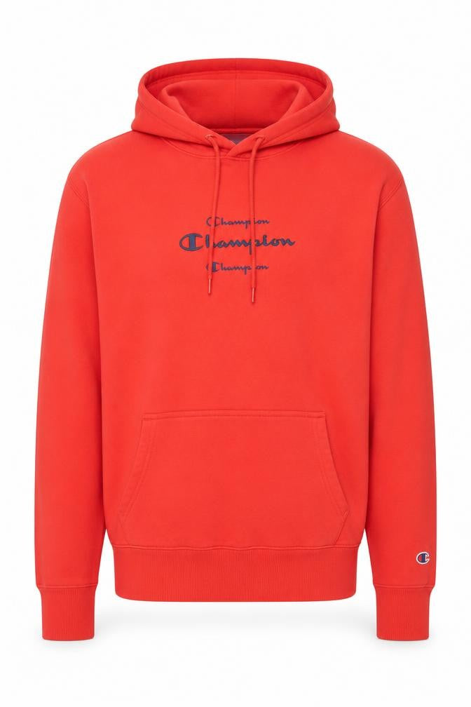Front view of Champion Men's Red Small Pullover Hoodie with Logo Detail