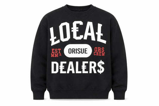 Front view of Orisue men’s black pullover graphic sweatshirt, size S, streetwear