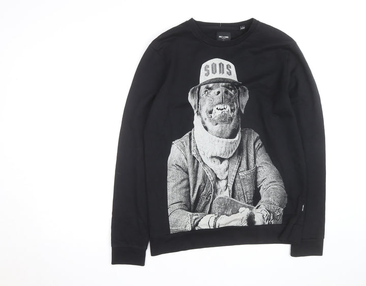Only & Sons Men’s Black Graphic Dog Print Pullover Sweatshirt Size L