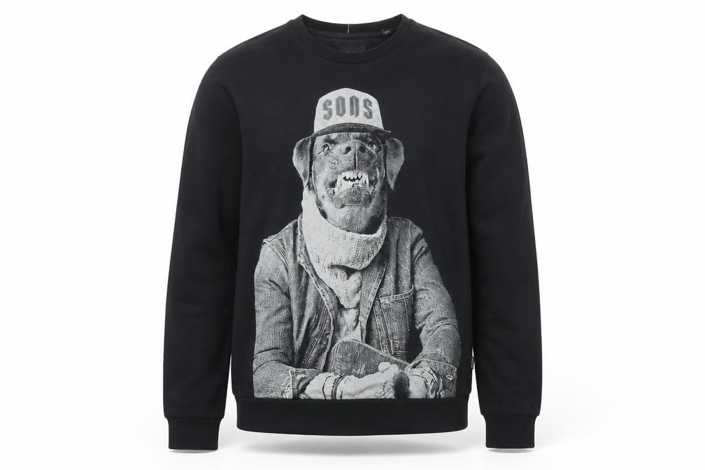Front view of Only & Sons Men’s Black Graphic Dog Print Pullover Sweatshirt, size L