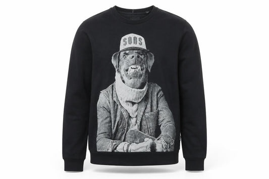 Front view of Only & Sons Men’s Black Graphic Dog Print Pullover Sweatshirt, size L