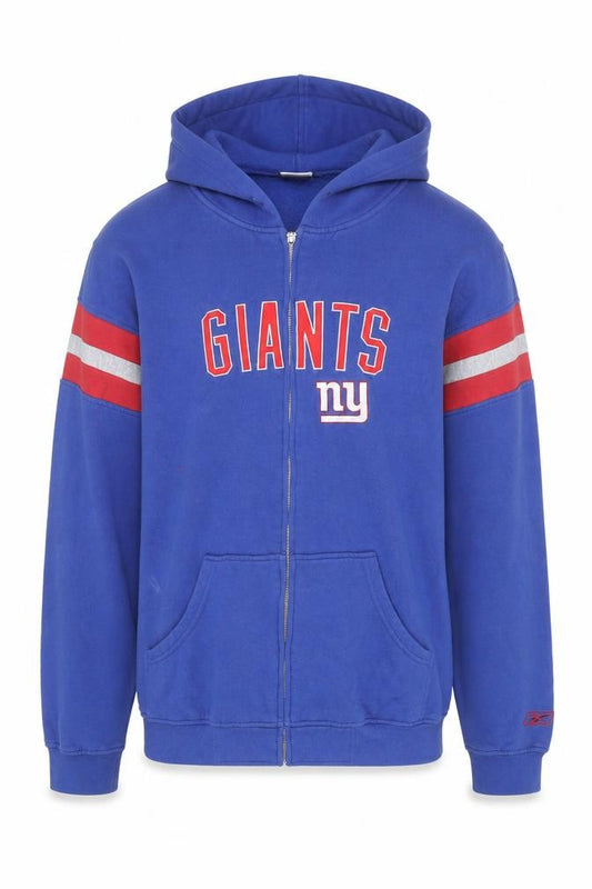 Front view of Reebok Men’s Blue Full Zip Hooded Sweatshirt L NFL Giants