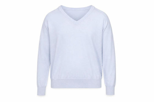 Front view of Mango Men's Blue V-Neck Cotton Silk Cashmere Jumper M