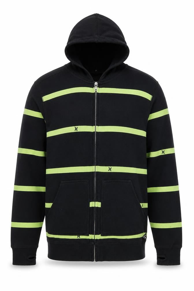 Front view of Hurley Men’s Black Green Stripe Full Zip Hoodie, size M