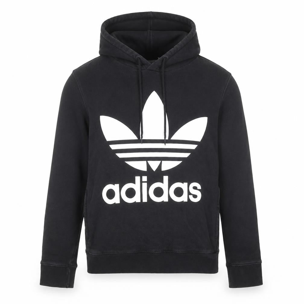 Front view of Adidas Men's Black Pullover Hoodie M Logo Fleece Sweatshirt